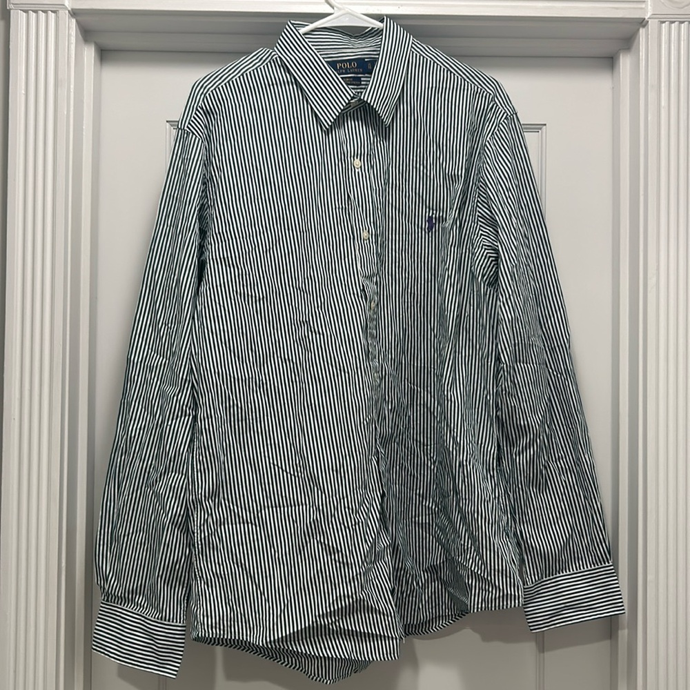 Polo Ralph Lauren - Green/White Stripe Button Down, EUC, XL Slim Fit